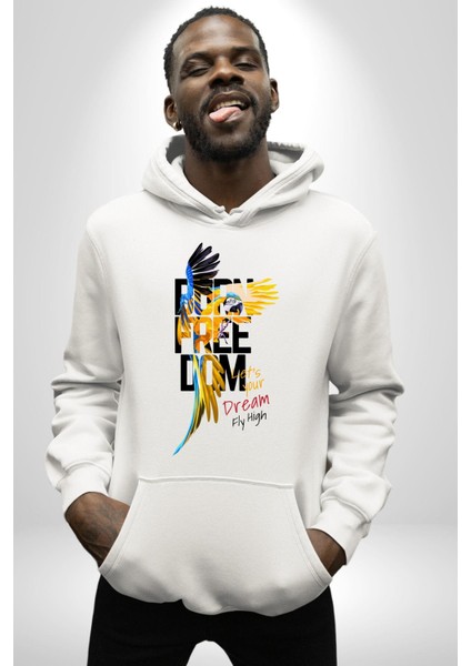 Doğuştan Özgürlük Papağan Yaz Stili Kadın Erkek Baskılı Üç Iplik Beyaz Kapüşonlu Hodie Sweatshirt indirimleri