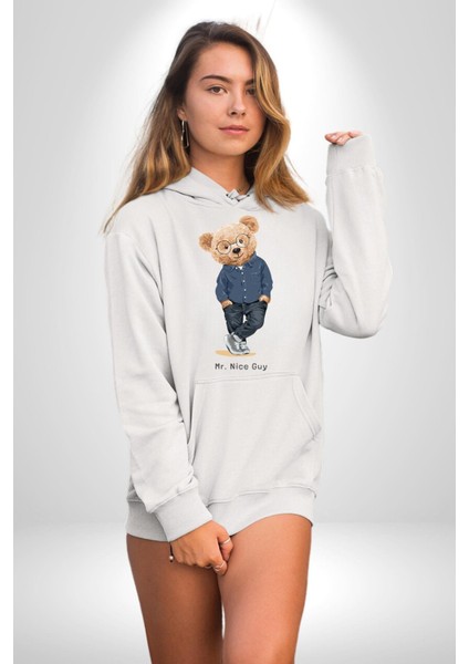 Bay Iyi Oyuncak Ayı Kadın Erkek Baskılı Üç Iplik Beyaz Kapüşonlu Hodie Sweatshirt