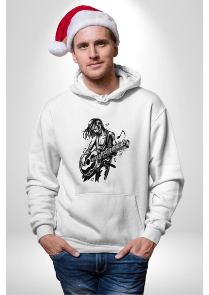 Rock N Rollcu Tarz Adam Kadın Erkek Baskılı Üç Iplik Beyaz Kapüşonlu Hodie Sweatshirt