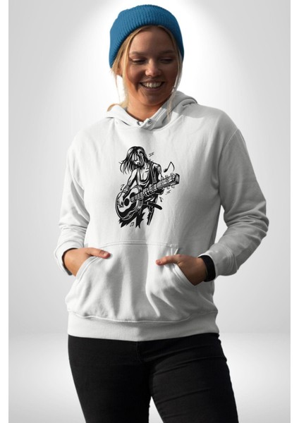 Rock N Rollcu Tarz Adam Kadın Erkek Baskılı Üç Iplik Beyaz Kapüşonlu Hodie Sweatshirt