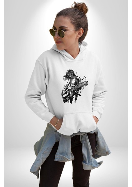 Rock N Rollcu Tarz Adam Kadın Erkek Baskılı Üç Iplik Beyaz Kapüşonlu Hodie Sweatshirt