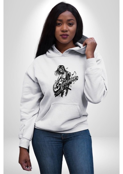 Rock N Rollcu Tarz Adam Kadın Erkek Baskılı Üç Iplik Beyaz Kapüşonlu Hodie Sweatshirt