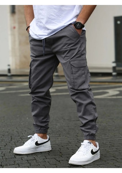 Likralı Pamuklu Beli ve Paçası Lastikli Mevsimlik Gri Kargo Pantolon