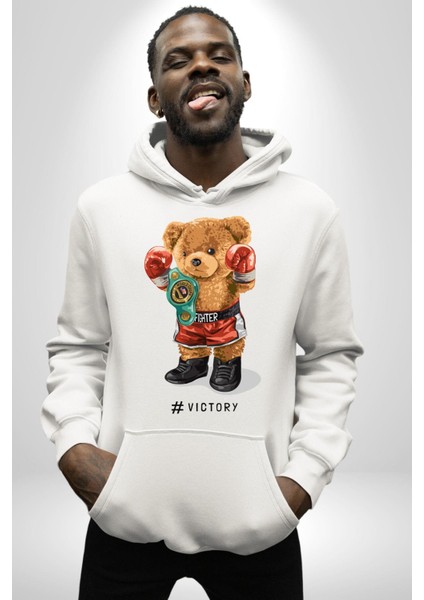 Dövüşçü Boks Şampiyonu Oyuncak Ayı Kadın Erkek Baskılı Üç Iplik Beyaz Kapüşonlu Hodie Sweatshirt modelleri
