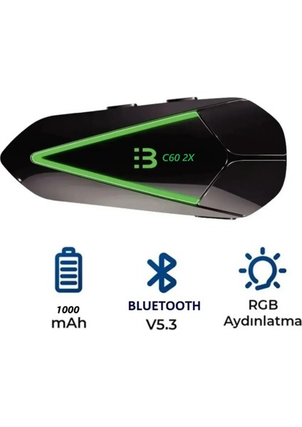 Motosiklet Kask Kulaklık C60 2x ,100METRE 2 Cihaz Bağlanabilme Özellikli Interkom LED Işıklı