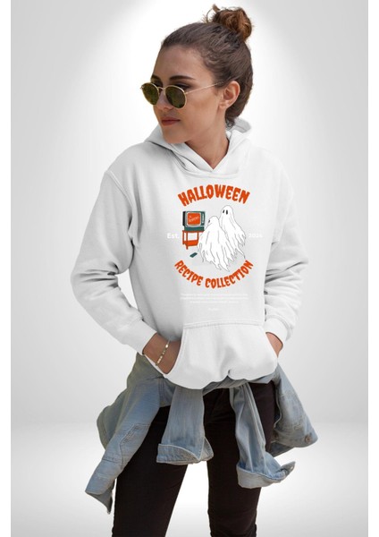 Cadılar Bayramı Tarifi Koleksiyonu Kadın Erkek Baskılı Üç Iplik Beyaz Kapüşonlu Hodie Sweatshirt modelleri