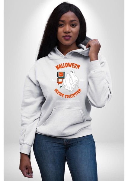 Cadılar Bayramı Tarifi Koleksiyonu Kadın Erkek Baskılı Üç Iplik Beyaz Kapüşonlu Hodie Sweatshirt fırsatları