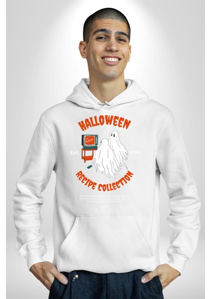 Cadılar Bayramı Tarifi Koleksiyonu Kadın Erkek Baskılı Üç Iplik Beyaz Kapüşonlu Hodie Sweatshirt indirimleri