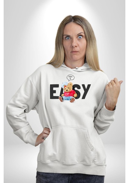 Boşver Oyuncak Ayı Kadın Erkek Baskılı Üç Iplik Beyaz Kapüşonlu Hodie Sweatshirt modelleri