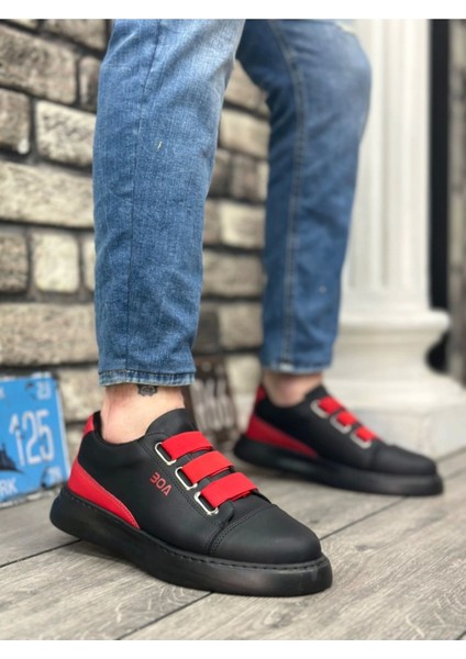 BA0329 3 Bant Siyah Kırmızı Detaylı Kalın Taban Casual Erkek Ayakkabı