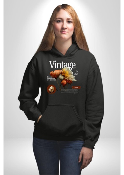 Ekildiğin Yerde Çiçek Aç Vintage Kadın Erkek Baskılı Üç Iplik Siyah Kapüşonlu Hodie Sweatshirt