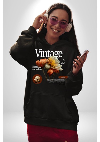 Ekildiğin Yerde Çiçek Aç Vintage Kadın Erkek Baskılı Üç Iplik Siyah Kapüşonlu Hodie Sweatshirt fiyatları