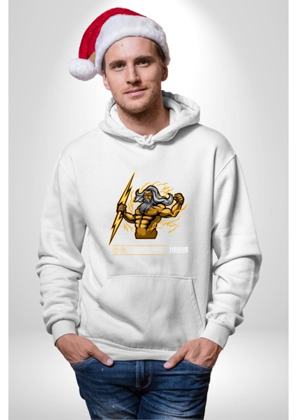 Yunan Tanrısı Zeus Figür Kadın Erkek Baskılı Üç Iplik Beyaz Kapüşonlu Hodie Sweatshirt