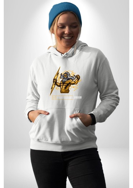 Yunan Tanrısı Zeus Figür Kadın Erkek Baskılı Üç Iplik Beyaz Kapüşonlu Hodie Sweatshirt fiyatları