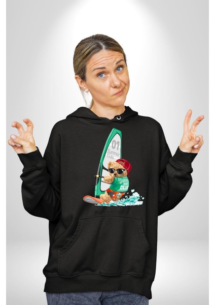 Sörf Yapana Oyuncak Ayı Kadın Erkek Baskılı Üç Iplik Siyah Kapüşonlu Hodie Sweatshirt