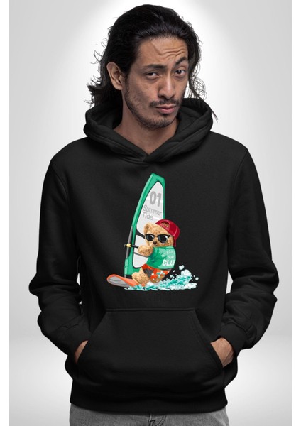 Sörf Yapana Oyuncak Ayı Kadın Erkek Baskılı Üç Iplik Siyah Kapüşonlu Hodie Sweatshirt fiyatları