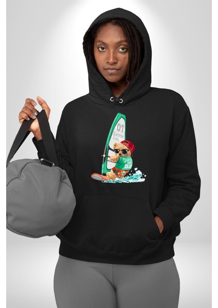 Sörf Yapana Oyuncak Ayı Kadın Erkek Baskılı Üç Iplik Siyah Kapüşonlu Hodie Sweatshirt modelleri