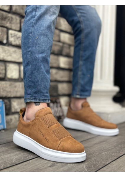 BA0307 Boa Kalın Süet Yüksek Taban Çift Bant Taba Beyaz Erkek Ayakkabı