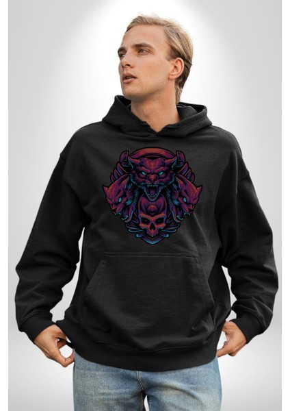 Kurukafa Kediler Kaplanlar Familyası Kadın Erkek Baskılı Üç Iplik Siyah Kapüşonlu Hodie Sweatshirt