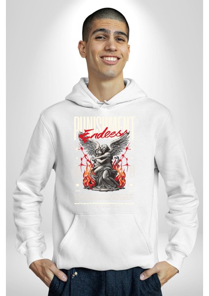 Cezanın Sonu Melek ve Yunan Insanı Kadın Erkek Baskılı Üç Iplik Beyaz Kapüşonlu Hodie Sweatshirt