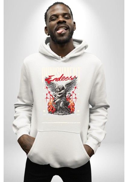 Cezanın Sonu Melek ve Yunan Insanı Kadın Erkek Baskılı Üç Iplik Beyaz Kapüşonlu Hodie Sweatshirt indirimleri