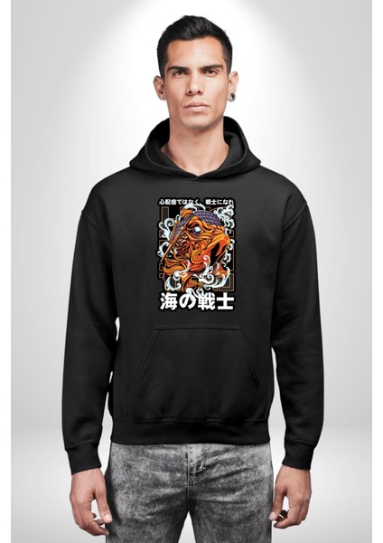Japon Koi Balığı Efsane Balık Kadın Erkek Baskılı Üç Iplik Siyah Kapüşonlu Hodie Sweatshirt