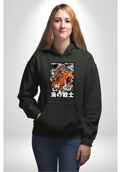 Japon Koi Balığı Efsane Balık Kadın Erkek Baskılı Üç Iplik Siyah Kapüşonlu Hodie Sweatshirt fiyatları