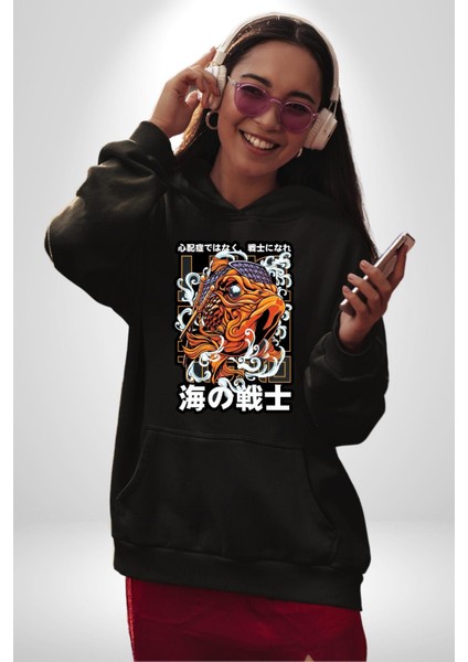 Japon Koi Balığı Efsane Balık Kadın Erkek Baskılı Üç Iplik Siyah Kapüşonlu Hodie Sweatshirt modelleri