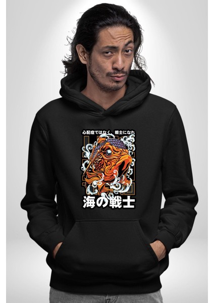 Japon Koi Balığı Efsane Balık Kadın Erkek Baskılı Üç Iplik Siyah Kapüşonlu Hodie Sweatshirt indirimleri