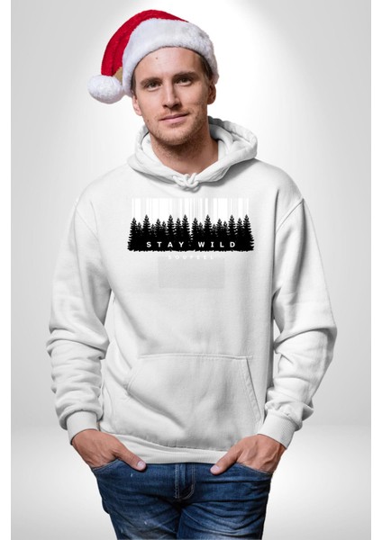 Vahşi Kal Karanlık Ormanlar Kadın Erkek Baskılı Üç Iplik Beyaz Kapüşonlu Hodie Sweatshirt