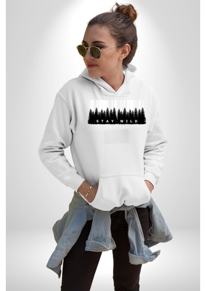 Vahşi Kal Karanlık Ormanlar Kadın Erkek Baskılı Üç Iplik Beyaz Kapüşonlu Hodie Sweatshirt fırsatları