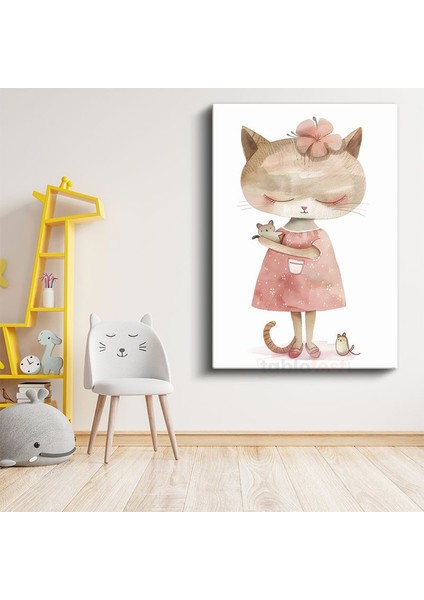 Kedi ve Fare - Pembe Elbiseli Sevimli Dostlar Kanvas Tablo