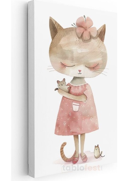 Kedi ve Fare - Pembe Elbiseli Sevimli Dostlar Kanvas Tablo