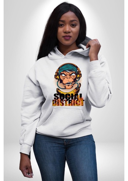 Sosyal Çılgın Dj Maymun Kadın Erkek Baskılı Üç Iplik Beyaz Kapüşonlu Hodie Sweatshirt fiyatları
