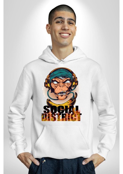 Sosyal Çılgın Dj Maymun Kadın Erkek Baskılı Üç Iplik Beyaz Kapüşonlu Hodie Sweatshirt modelleri