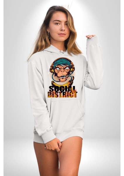 Sosyal Çılgın Dj Maymun Kadın Erkek Baskılı Üç Iplik Beyaz Kapüşonlu Hodie Sweatshirt fırsatları