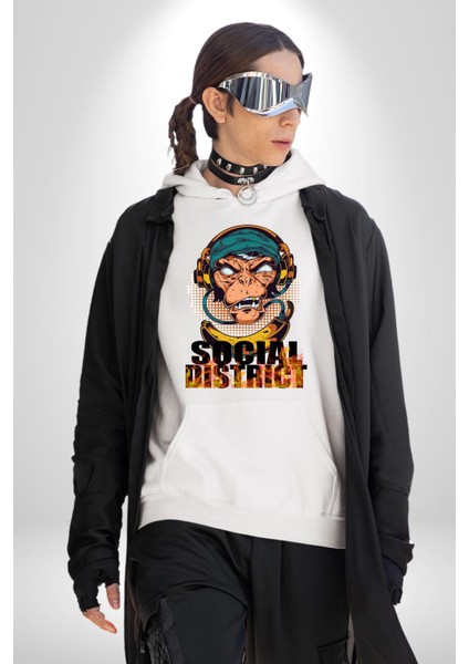 Sosyal Çılgın Dj Maymun Kadın Erkek Baskılı Üç Iplik Beyaz Kapüşonlu Hodie Sweatshirt indirimleri