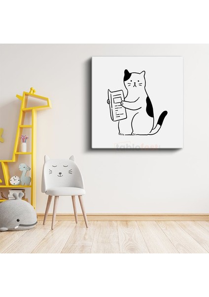 Kitap Okuyan Kedi - Meraklı Öğrenci Kanvas Tablo