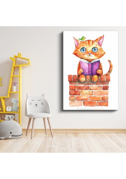 Kitapsever Kedi - Minik Kuşla Okuma Keyfi Kanvas Tablo