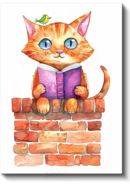 Kitapsever Kedi - Minik Kuşla Okuma Keyfi Kanvas Tablo