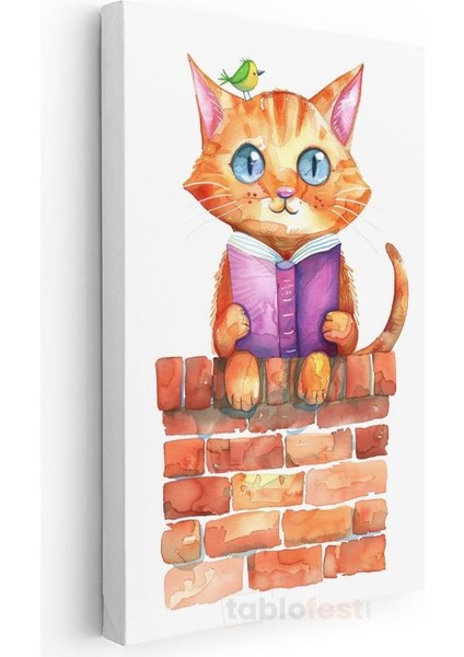 Kitapsever Kedi - Minik Kuşla Okuma Keyfi Kanvas Tablo