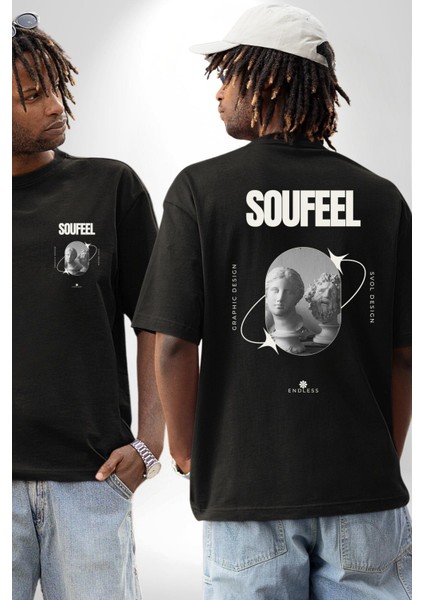 Modern Grafik Dizayn Heykeller Kadın Erkek Ön Minimal Sırt Baskılı Siyah Pamuklu Tişört