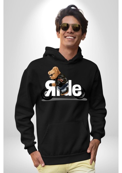 Motor Süren Havalı Oyuncak Ayı Kadın Erkek Baskılı Üç Iplik Siyah Kapüşonlu Hodie Sweatshirt