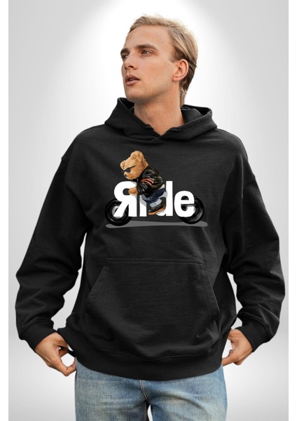 Motor Süren Havalı Oyuncak Ayı Kadın Erkek Baskılı Üç Iplik Siyah Kapüşonlu Hodie Sweatshirt modelleri