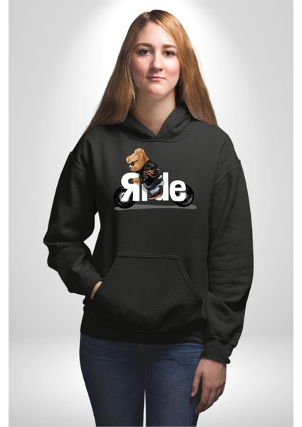 Motor Süren Havalı Oyuncak Ayı Kadın Erkek Baskılı Üç Iplik Siyah Kapüşonlu Hodie Sweatshirt indirimleri