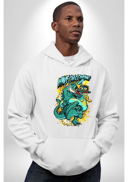Dalga Ben Geliyorum Timsah Havuz Kadın Erkek Baskılı Üç Iplik Beyaz Kapüşonlu Hodie Sweatshirt