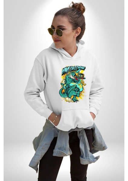 Dalga Ben Geliyorum Timsah Havuz Kadın Erkek Baskılı Üç Iplik Beyaz Kapüşonlu Hodie Sweatshirt fiyatları