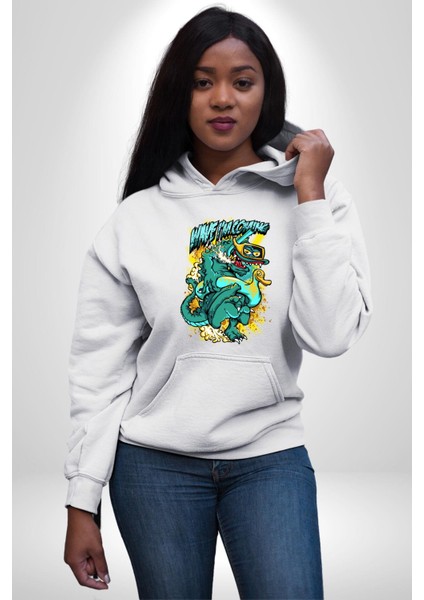 Dalga Ben Geliyorum Timsah Havuz Kadın Erkek Baskılı Üç Iplik Beyaz Kapüşonlu Hodie Sweatshirt modelleri