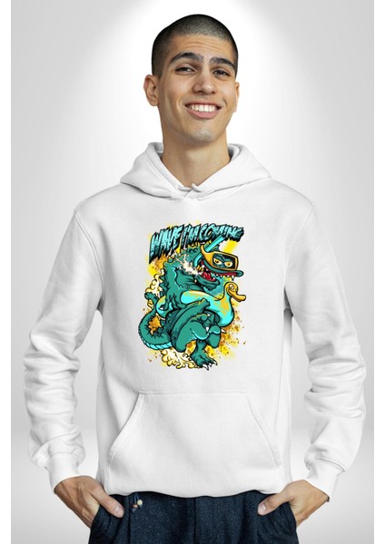 Dalga Ben Geliyorum Timsah Havuz Kadın Erkek Baskılı Üç Iplik Beyaz Kapüşonlu Hodie Sweatshirt fırsatları