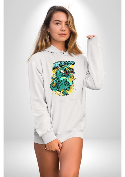 Dalga Ben Geliyorum Timsah Havuz Kadın Erkek Baskılı Üç Iplik Beyaz Kapüşonlu Hodie Sweatshirt indirimleri